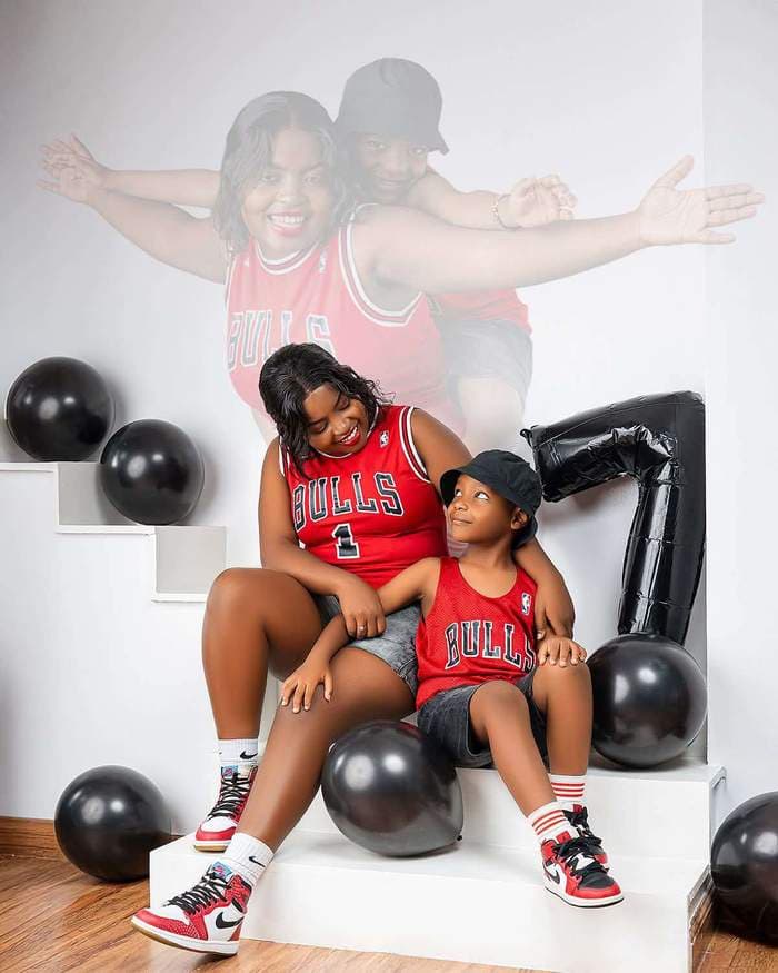 Mother and son family portrait